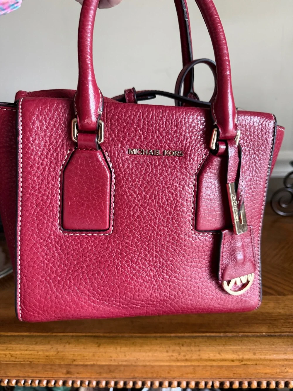 Michael Kors Selby cherry red pebble Leather Satchel with Gold Hardware EUC